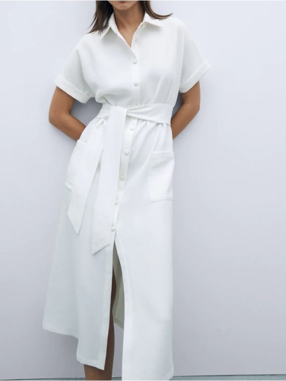 Zara Belted Oyster White Midi Shirt Dress